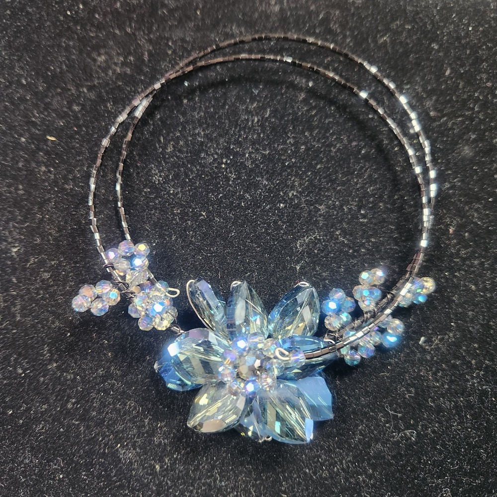 Blue Crystal Flower Memory Wire Wrap necklace Iridescent AB Bead Floral necklace